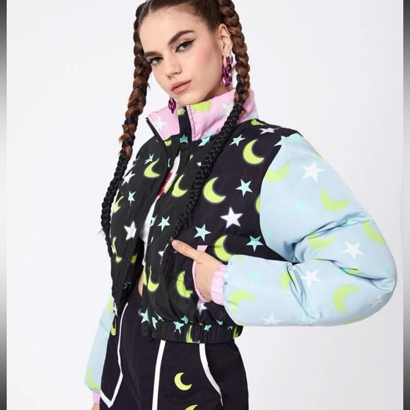 Star Moon Color-block Cropped Puffer Jacket Coat - Picture 2 of 11